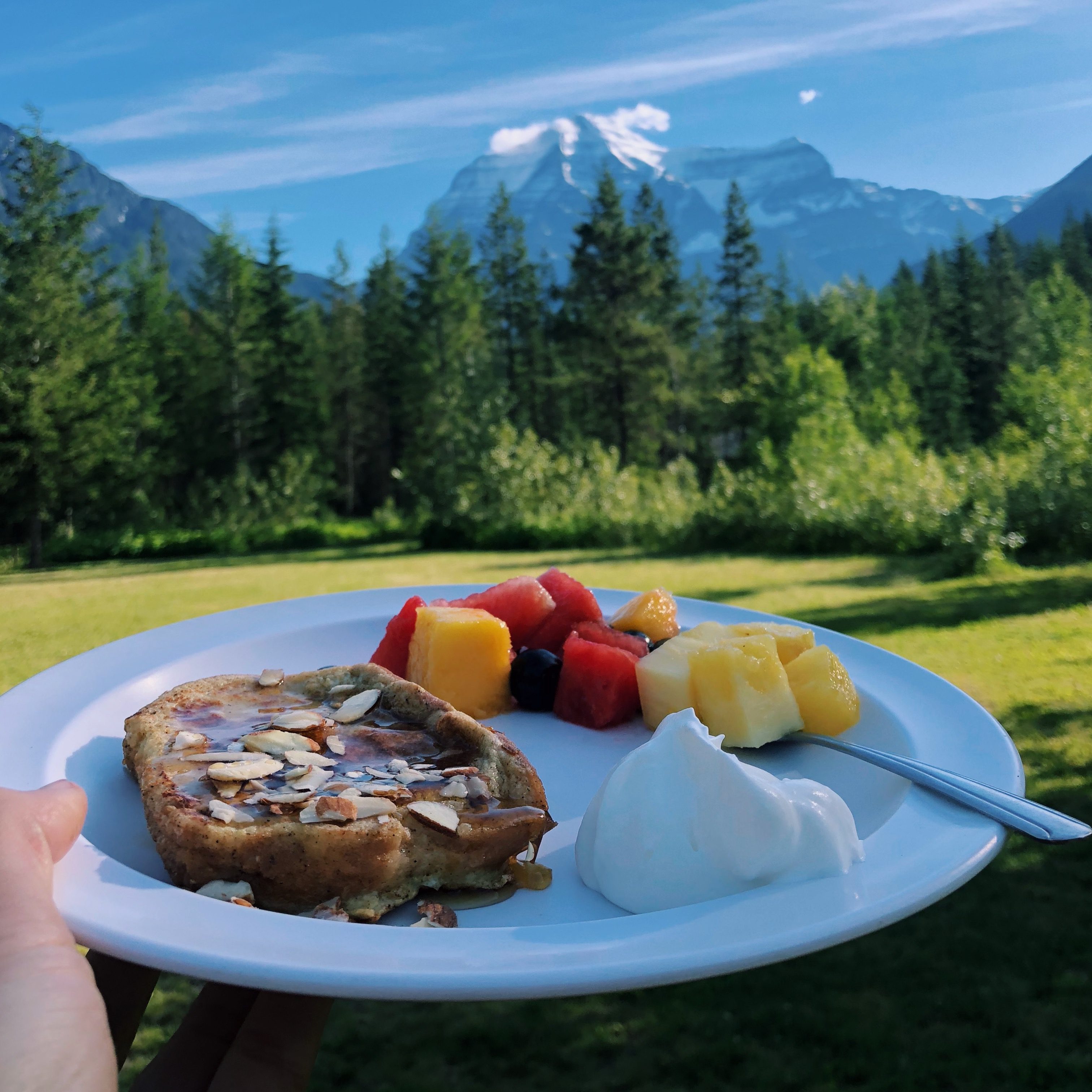 French toast in Mount Robson Provincial Park on an adventure travel camping trip.