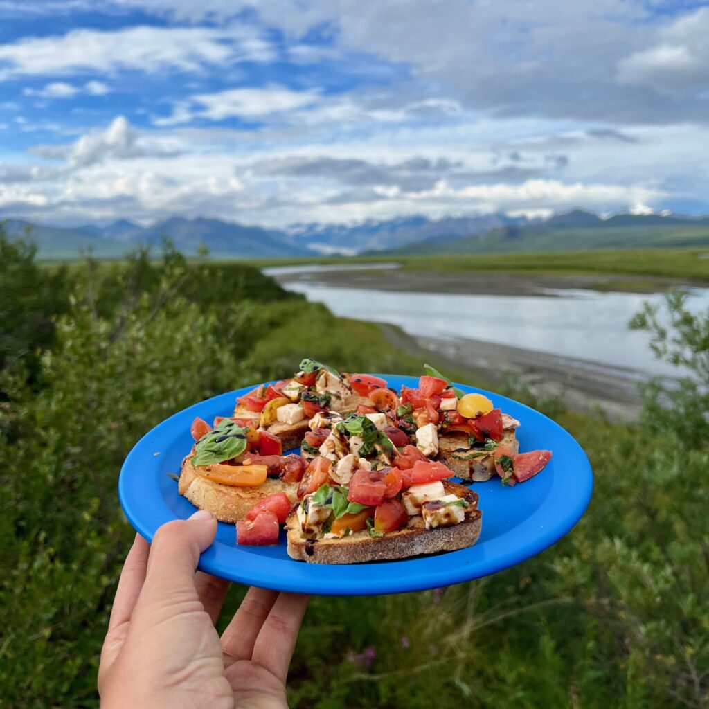 A plate of bruschetta at a campout in Alaska.