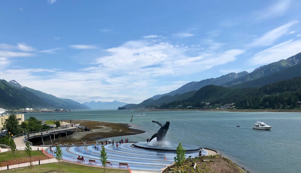 A humpback whale sculpture near downtown Juneau surrounded by a city park.  A great place to go with a picnic.
