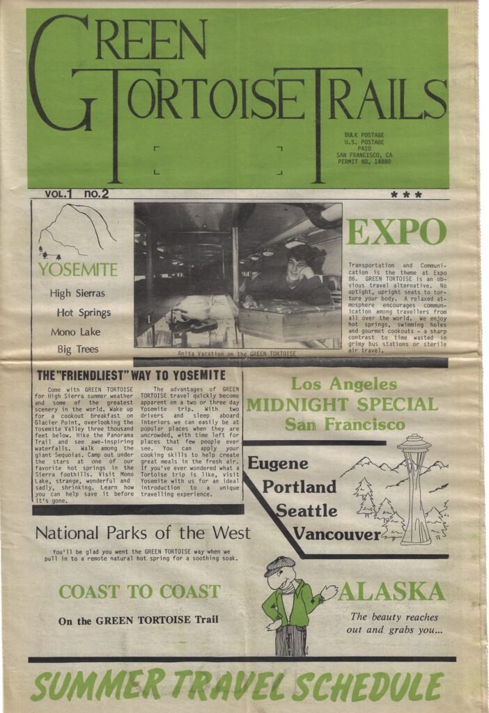 A blast from the past newspaper published in 1986 advertises upcoming trips on the Green Tortoise adventure coach.
